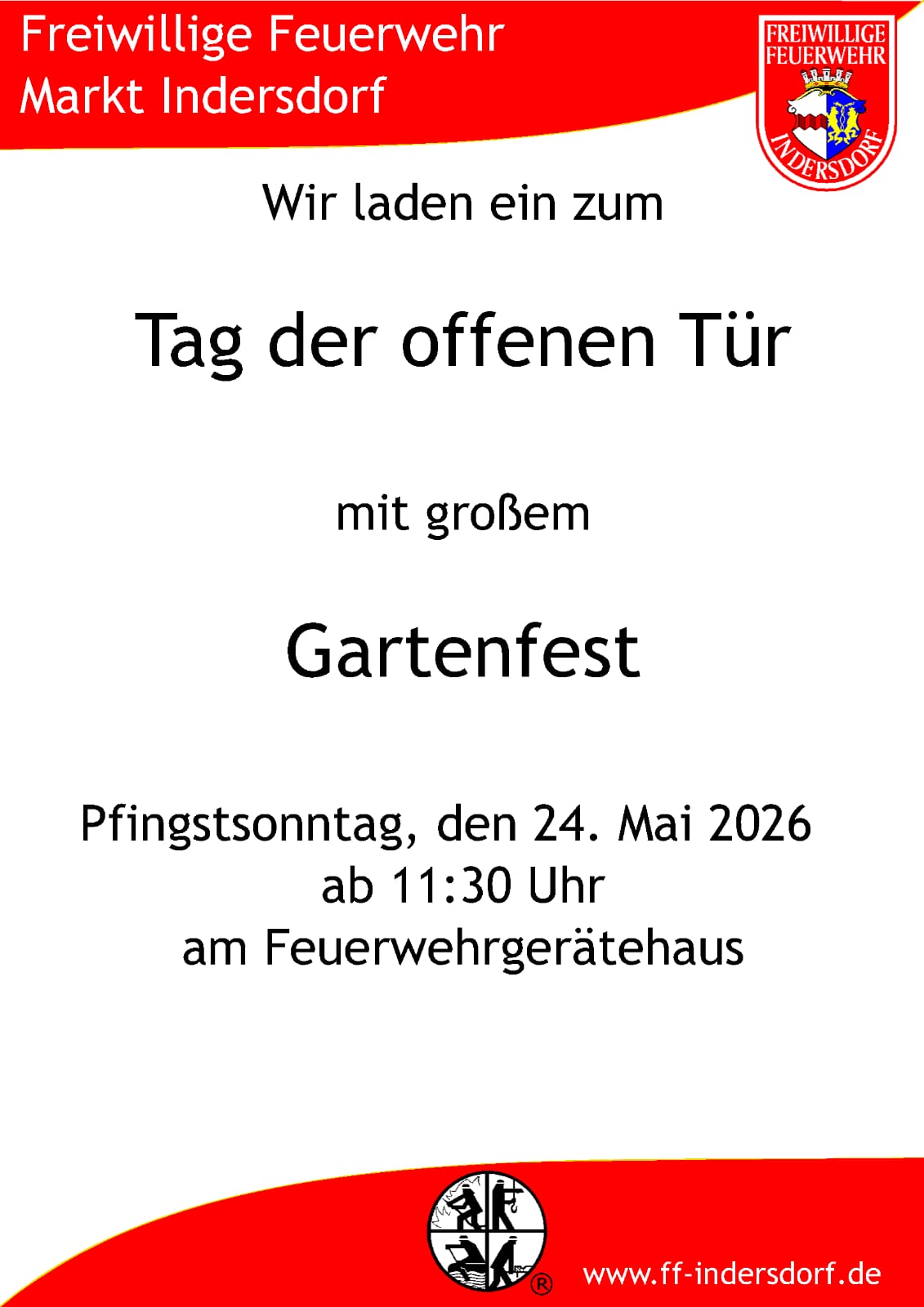 Einladung zum Tag der offenen Tür mit großem Gartenfest am Pfingstsonntag, ab 11:30 Uhr am Feuerwehrgerätehaus.